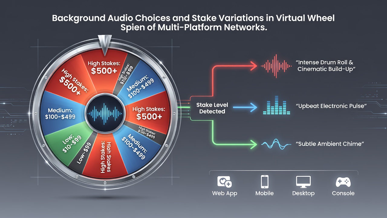 Virtual wheel spin interface displaying audio selection options alongside stake adjustment controls on a multi-platform network