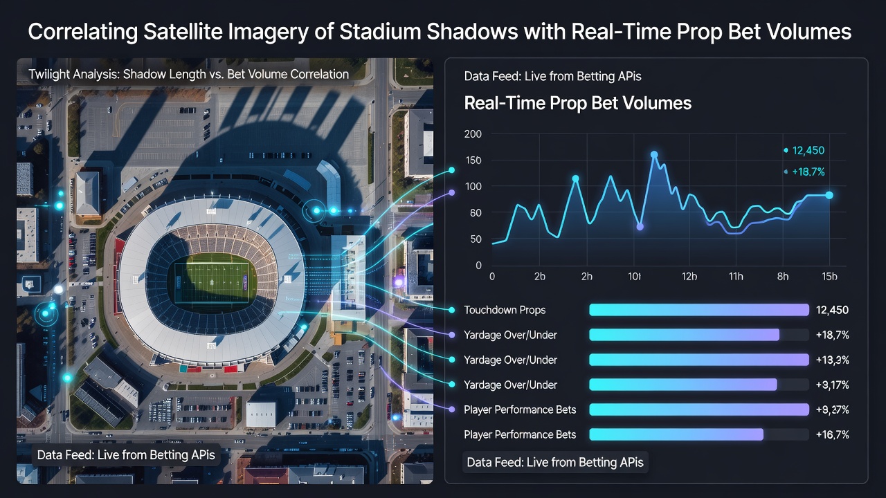 Annotated satellite imagery highlighting shadow coverage percentages on a baseball field during evening hours with betting volume overlays