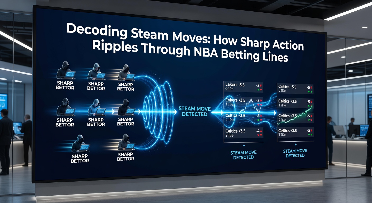 Close-up of betting dashboard displaying live steam alerts on NBA playoff lines, with arrows indicating sharp-driven shifts