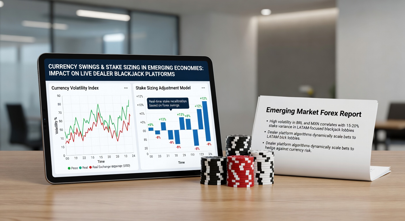 Currency fluctuation charts overlaid on live dealer blackjack table interfaces showing stake adjustment trends in emerging markets