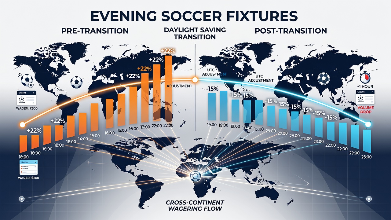 Infographic illustrating time zone shifts and corresponding betting volume changes for cross-continental soccer wagers