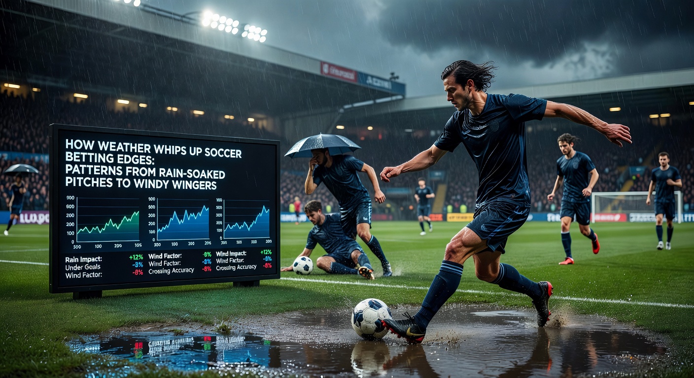 Players battling on a rain-drenched soccer field, water spraying from boots as they chase the ball under gray skies