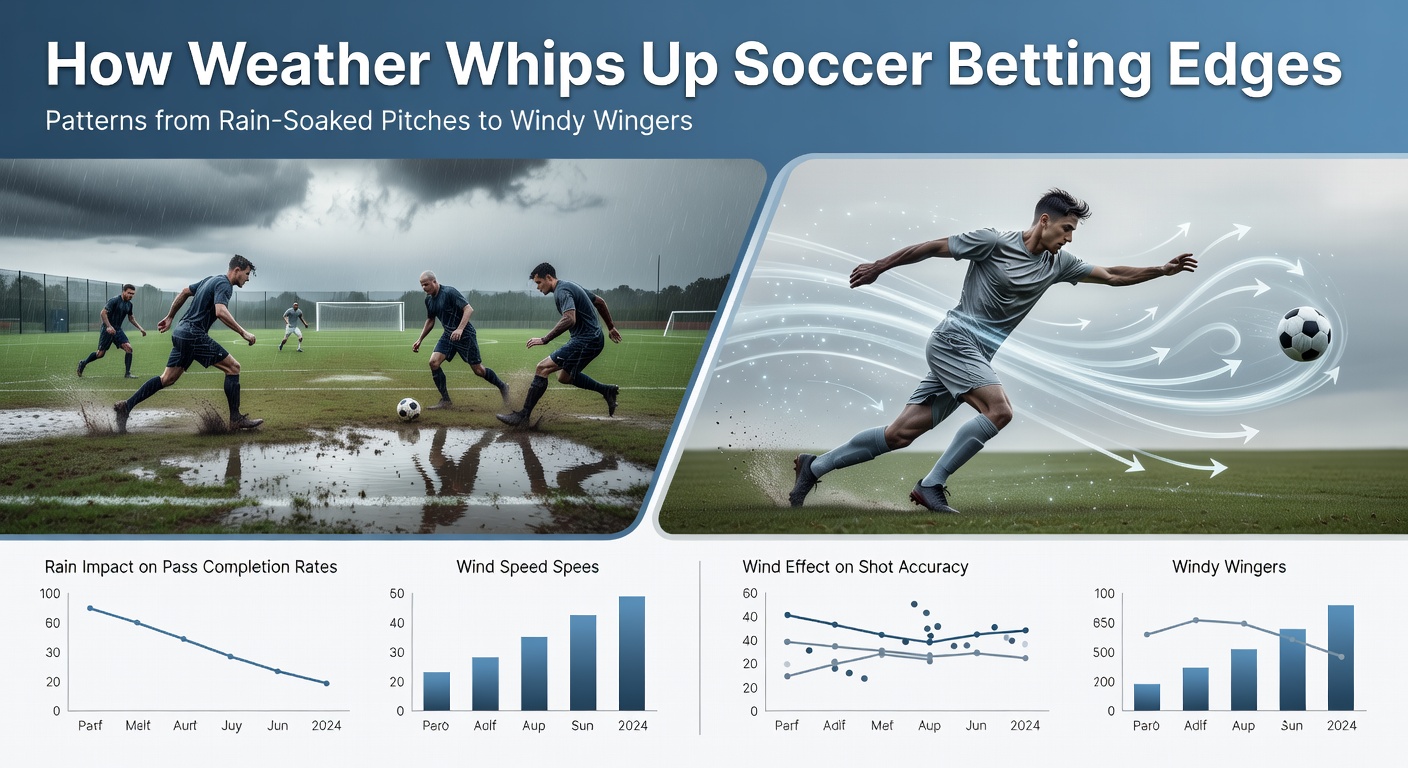 Soccer players shielding their eyes from swirling wind and rain, with a ball mid-air curving dramatically off course