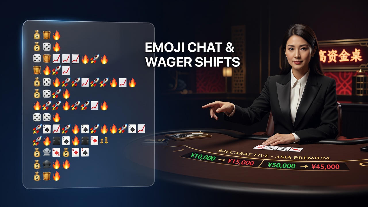 Live dealer baccarat interface showing chat window with emoji sequences alongside betting controls on an Asian-focused gaming platform