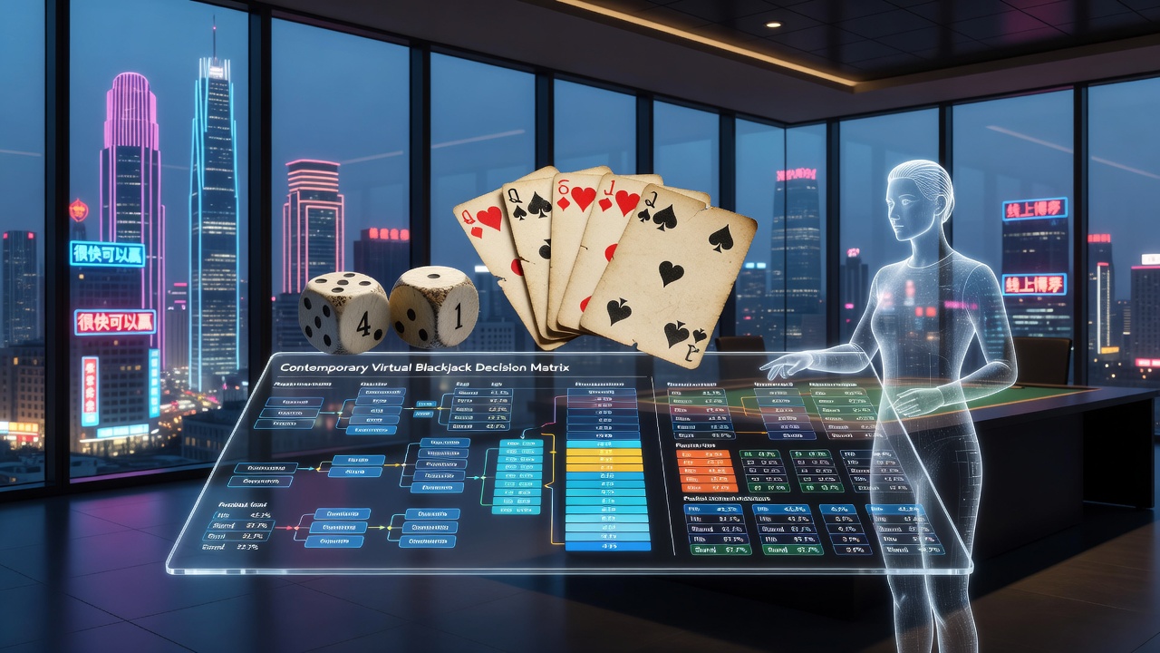 Historical gambling artifacts alongside modern virtual blackjack interfaces in Asian markets