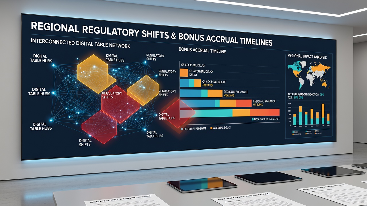 Analytics dashboard displaying bonus accrual timelines across multiple regulatory regions