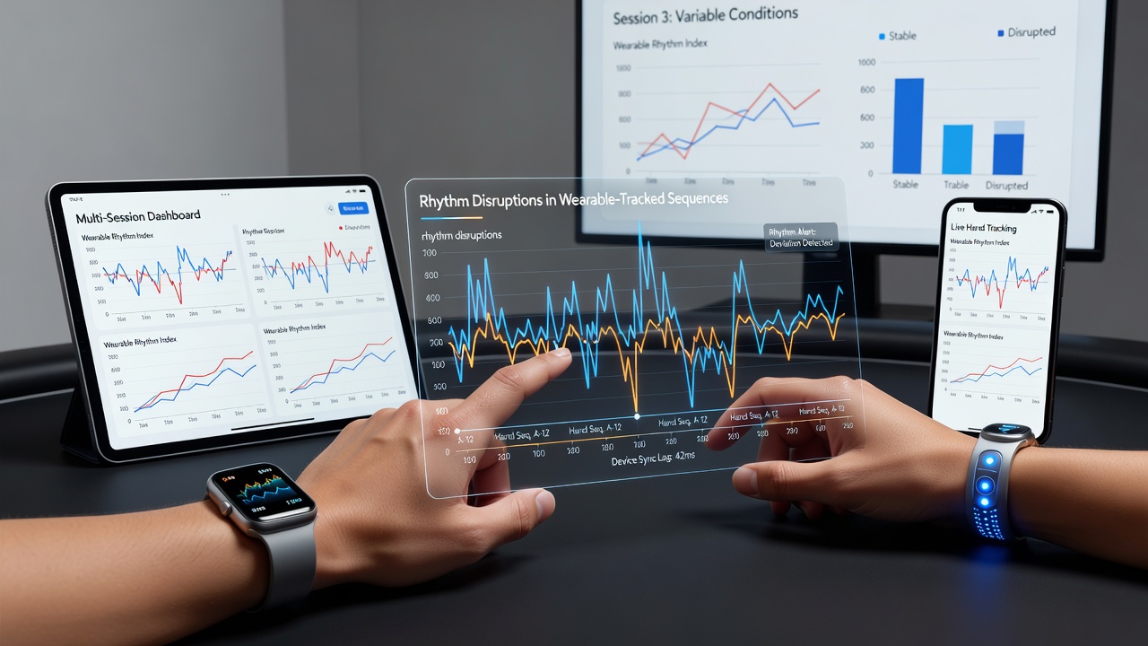 Graph showing timing variations in hand movements across devices with different latency levels