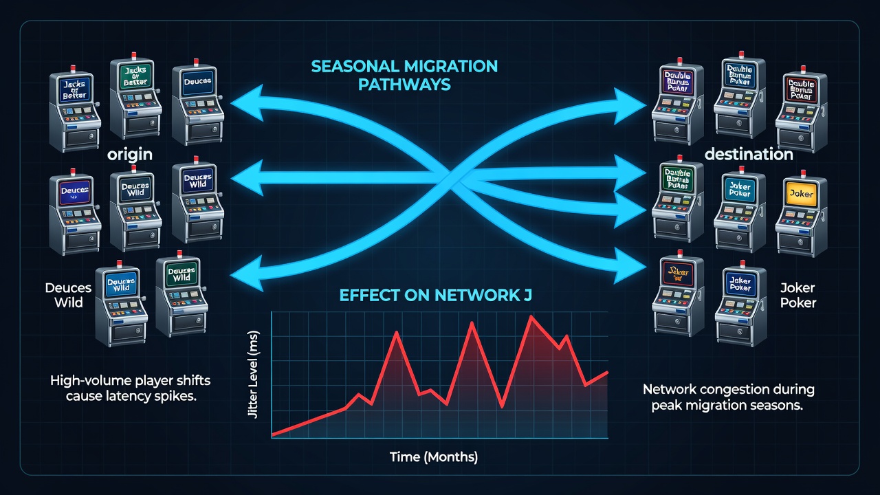 Networked video poker bank showing progressive jackpot meters and player activity during seasonal transition periods