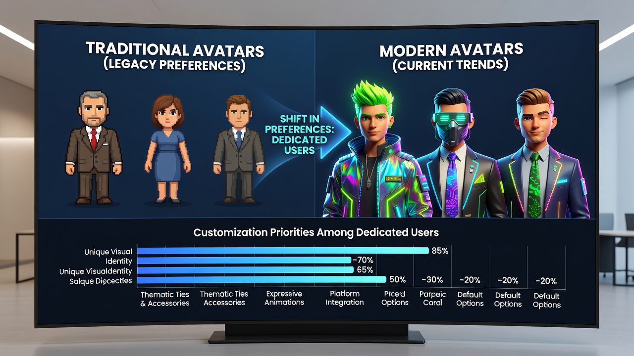 Analytics dashboard displaying avatar customization rates alongside session length statistics from virtual card room users