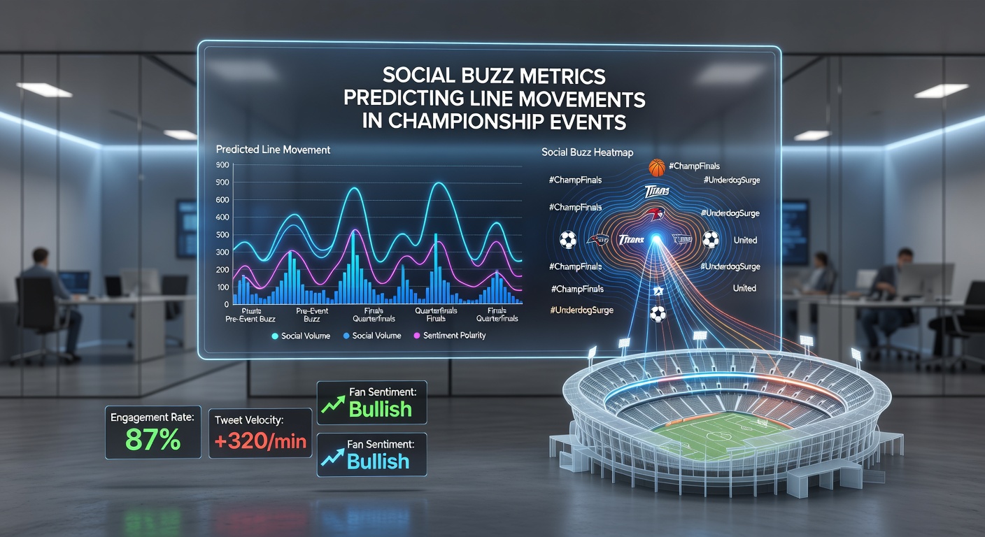 Social media analytics dashboard displaying real-time buzz volume and sentiment scores for major championship betting markets