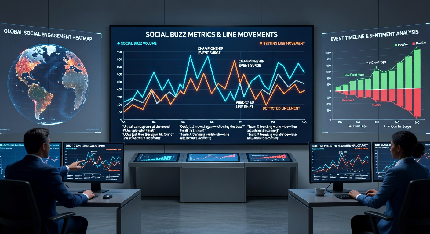 Sports betting traders reviewing live social sentiment feeds alongside odds boards during a major championship event