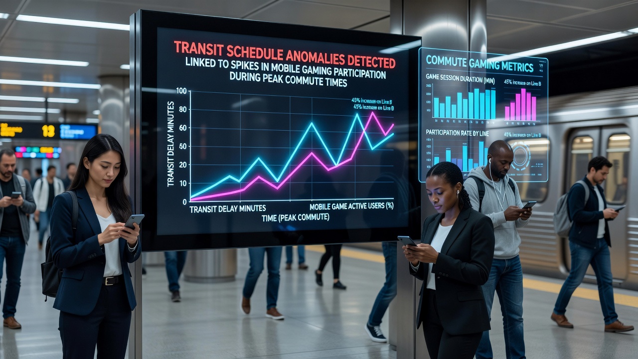 Graph overlay showing transit delay minutes correlated with mobile game session counts